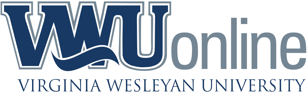 Logo for VWU Online, Virginia Wesleyan University. The bold blue letters "VWU" stand prominently with "online" in gray beside them, emphasizing the school's commitment to online education. Below, the full name "Virginia Wesleyan University" is displayed in blue capital letters.